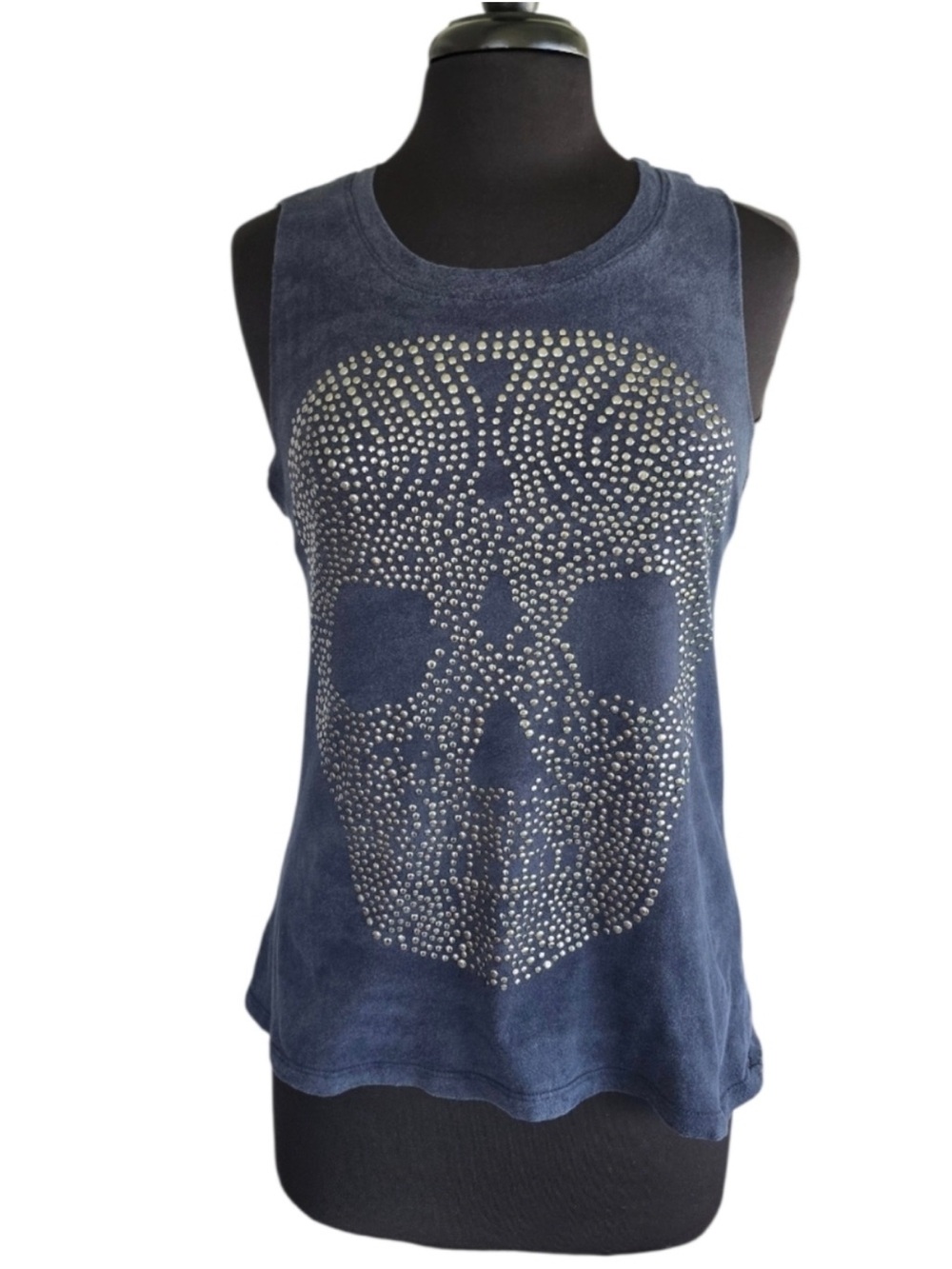 Y2K Dolled Up by FANG Womens Sleeveless Studded Skull Tank NAVY